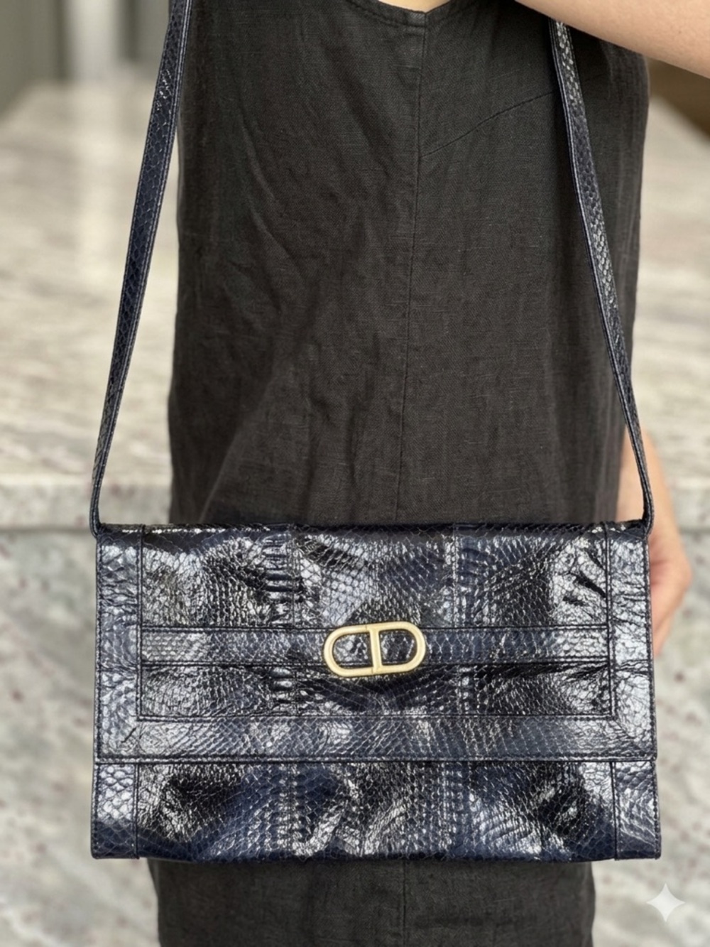 Vintage Navy Deep Blue & Black Snakeskin Convertible Leather Bag - Made in India